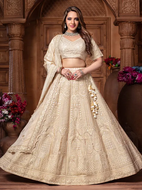 Cream diamond work tissue silk lehenga choli