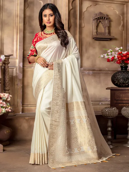 Cream dola silk zari weaving saree