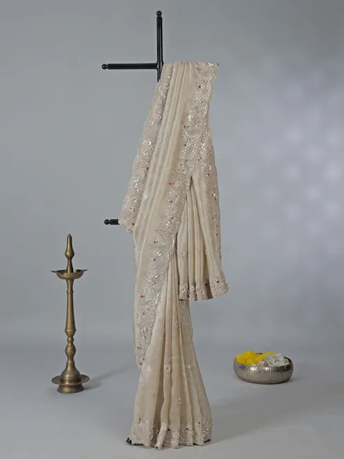 Cream dola tissue silk saree with diamond work