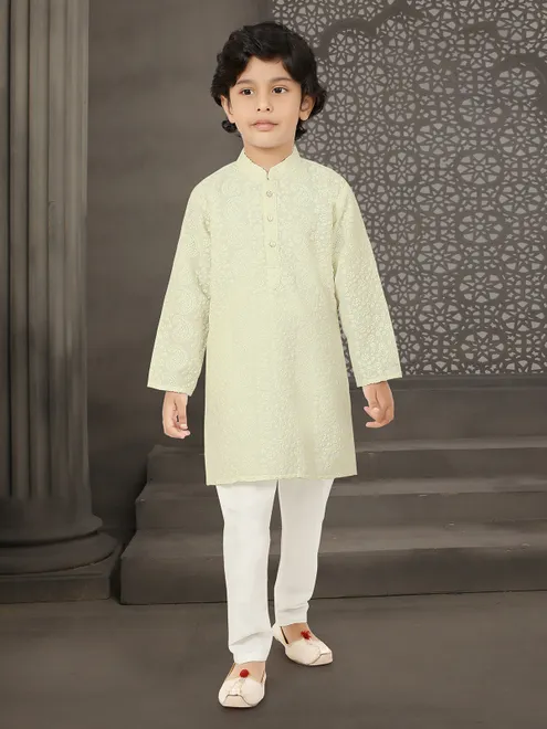 Cream embroidered cotton silk festive kurta suit