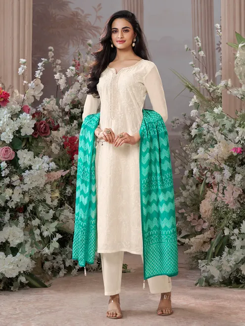 Cream embroidered cotton silk kurti set with green dupatta