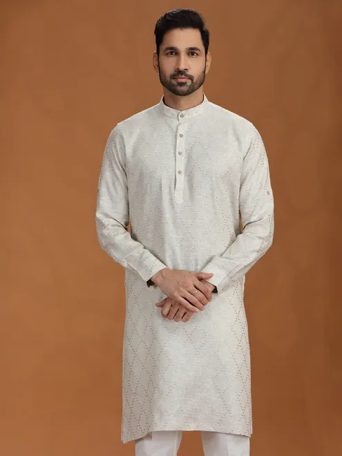 Cream embroidered festive linen kurta mens