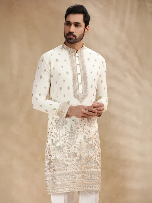 Cream embroidered georgette kurta pajama