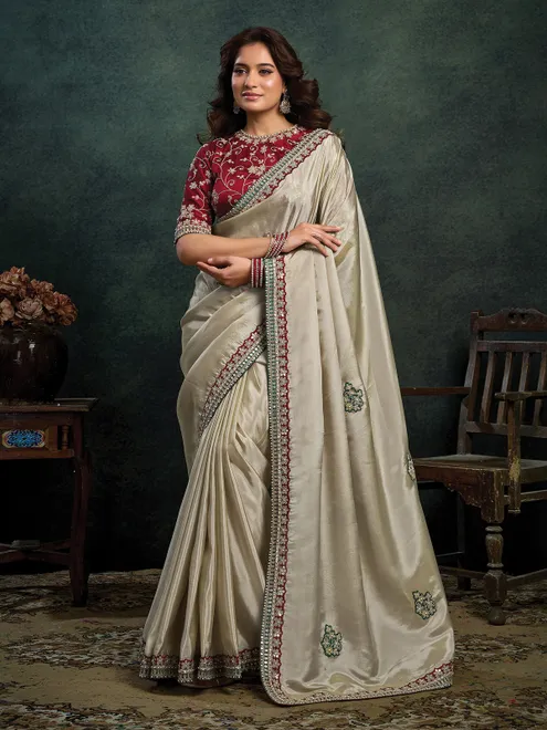 Cream embroidered upada silk festive saree