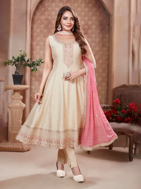 Cream embroidered wedding silk salwar suit