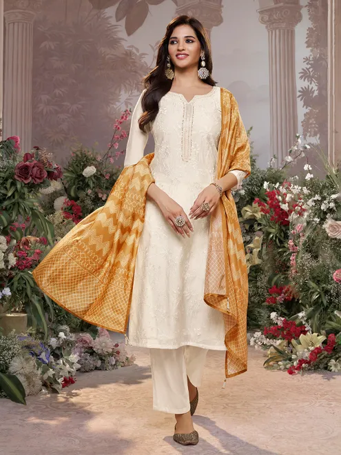 Cream festive cotton silk kurti set with brown dupatta