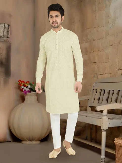 Cream festive mens kurta suit with chinese collar