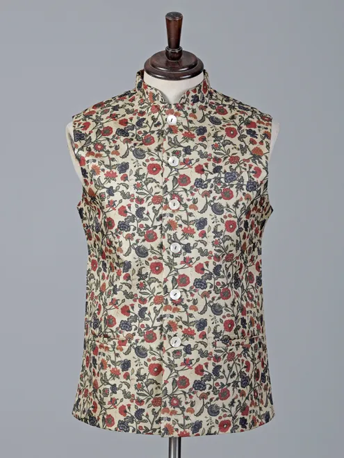 Cream floral printed cotton silk waistcoat