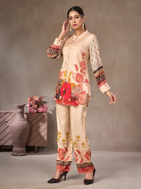 Cream floral printed crepe silk co-ord set for women