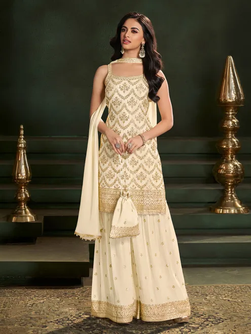 Cream georgette elegant sharara kurti set with dupatta