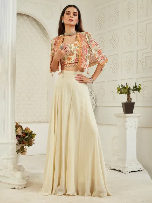 Cream georgette jacket palazzo suit with cowrie shells