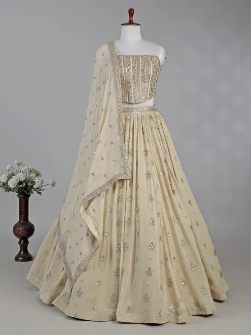 Cream georgette lehenga choli with resham detailing