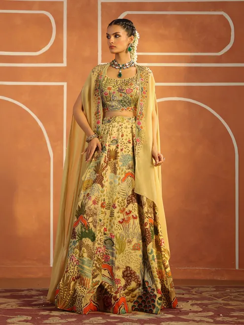 Cream georgette printed lehenga choli with shrug