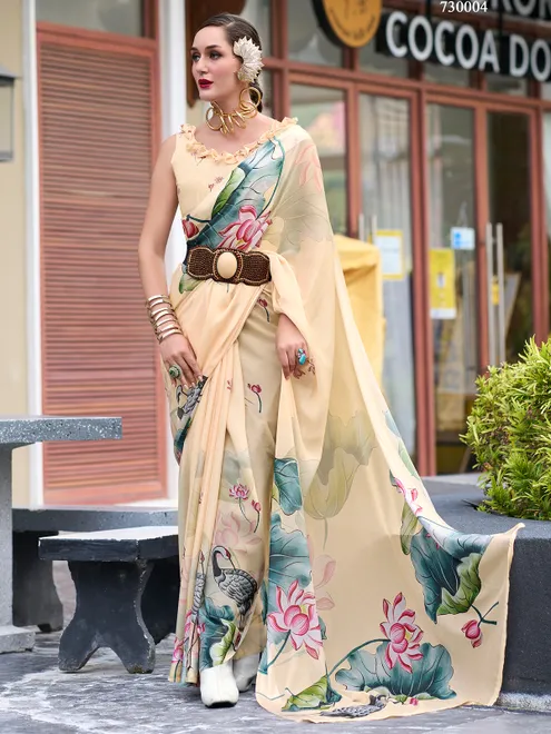 Cream georgette saree in printed