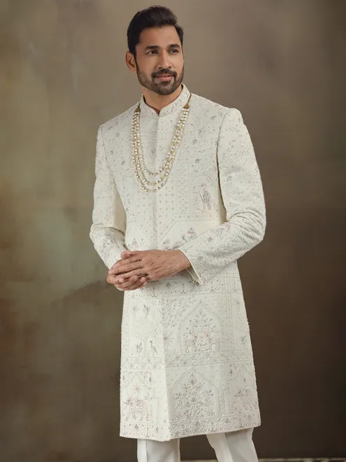 Cream georgette sherwani for wedding wear