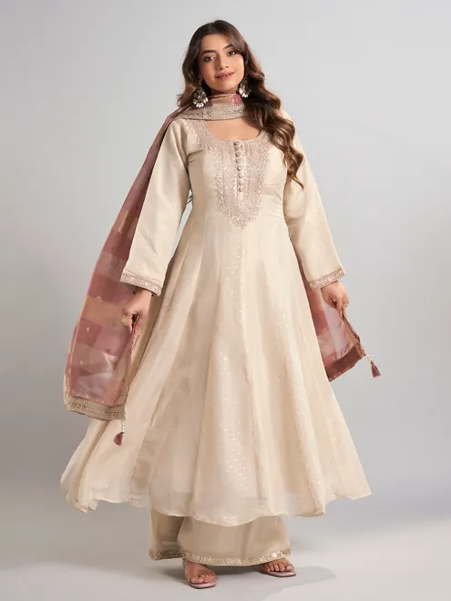 Cream georgette silk palazzo suit with dupatta