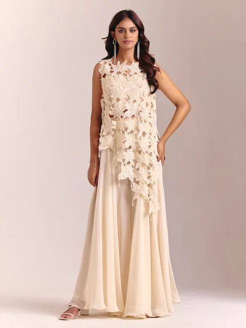 Cream georgette sleeveless palazzo designer suit