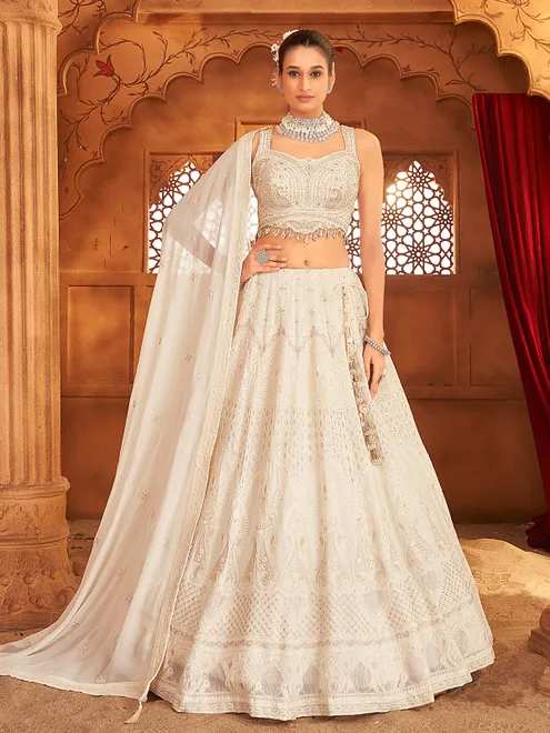 Cream georgette sweetheart neck lehenga choli