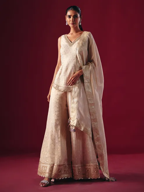 Cream georgette tissue palazzo suit with dupatta