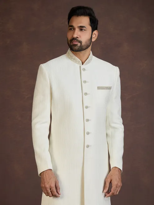 Cream jacquard indo western set with zardosi embellishment