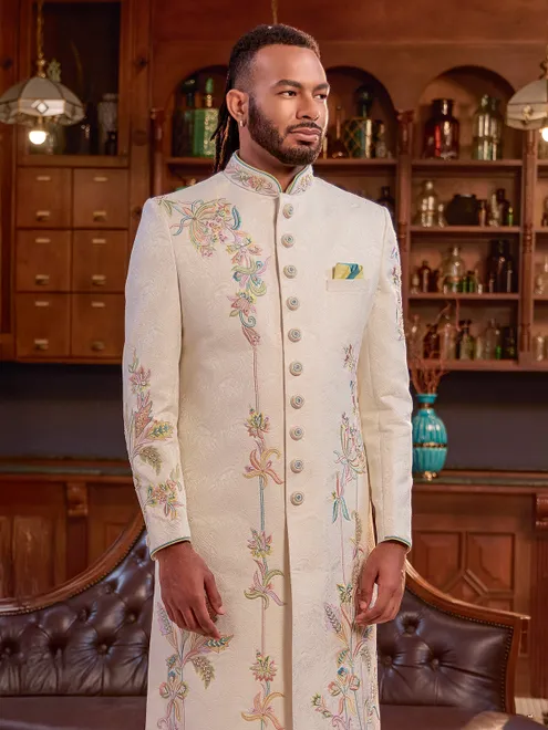 Cream jacquard sequins embroidered indo western