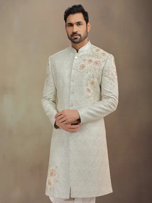 Cream jacquard wedding wear sherwani