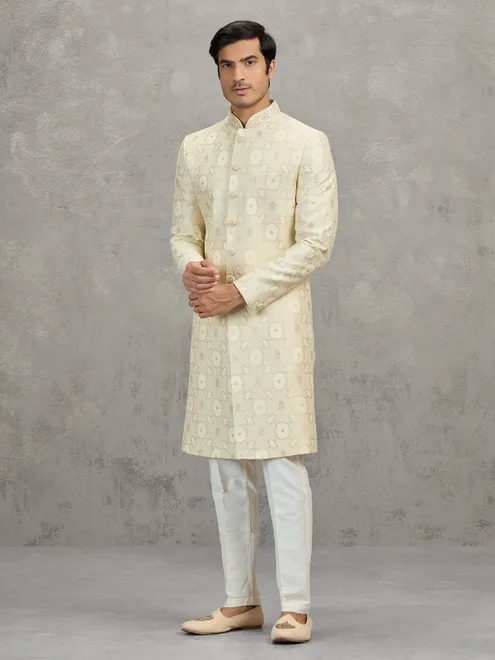 Cream jacquard zari worked indowestern set for weddings