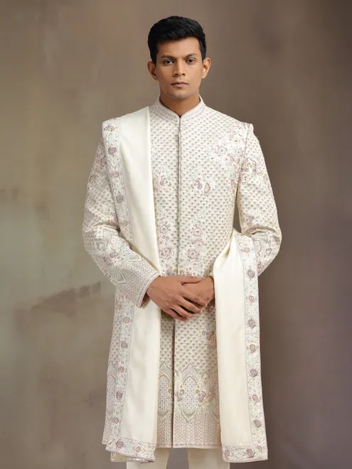 Cream khadi silk sherwani with dupatta
