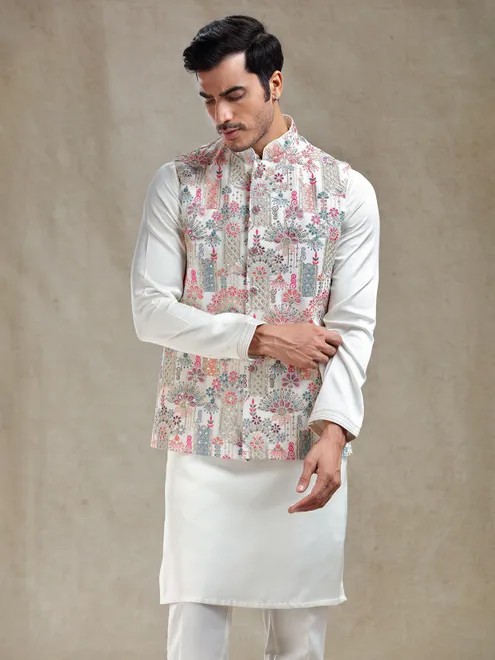 Cream georgette kurta jacket set for reception