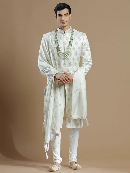 Cream lavish raw silk groom wear sherwani