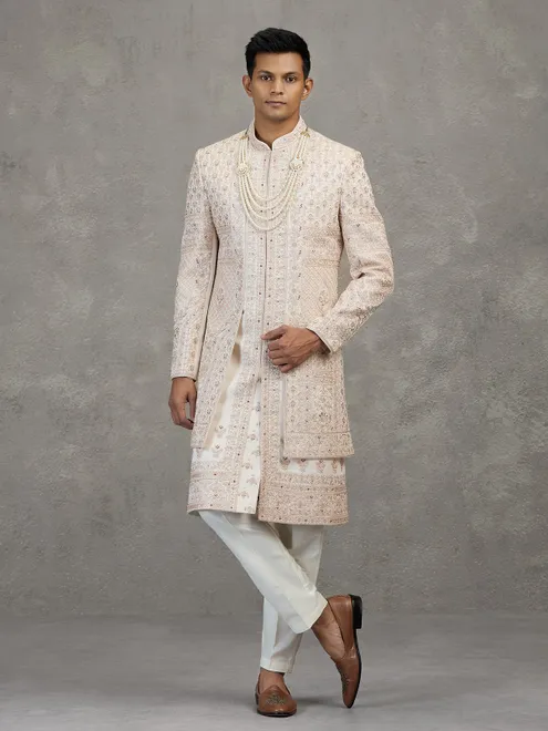 Cream layered satin silk sherwani for mens