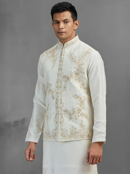 Cream linen aabla embroidered festive waistcoat set for men