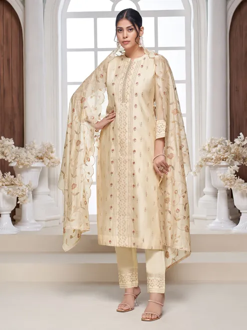 Cream linen embroidered suit with dupatta for weddings