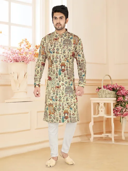 Cream linen kurta suit with chinese collar for festive