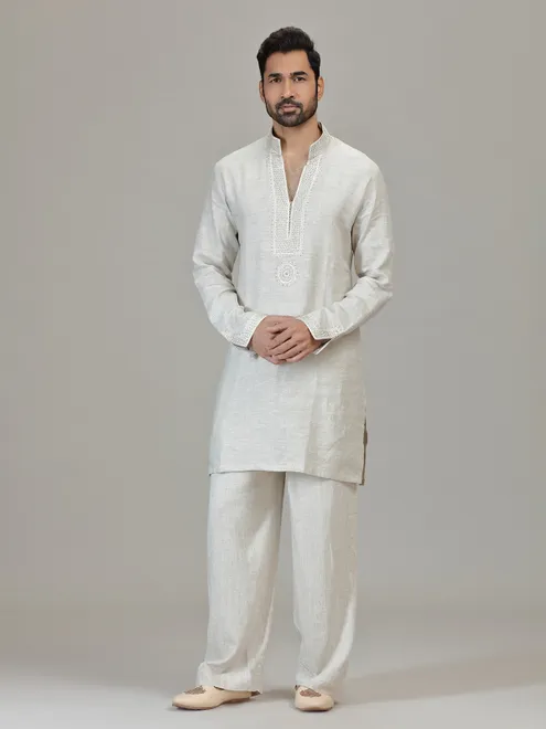 Cream linen resham embellished festive kurta ensemble