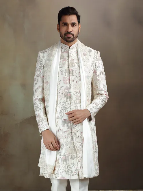 Cream linen satin wedding wear sherwani with dupatta