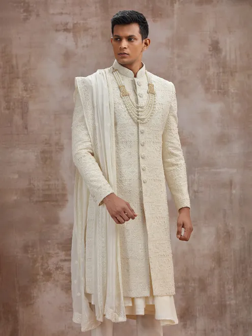 Cream lucknowi georgette peshwai sherwani with dupatta