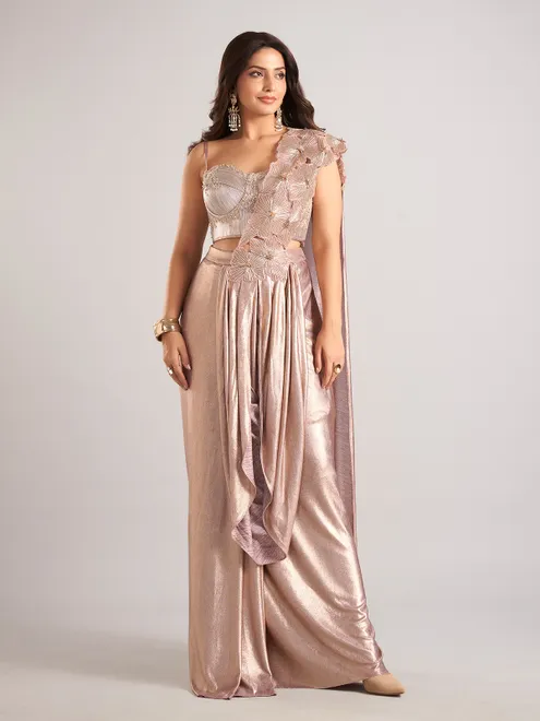 Cream lycra ready to wear saree for party wear