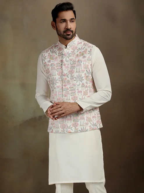 Cream men waistcoat set in raw silk