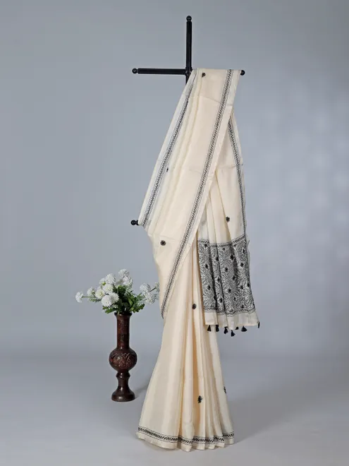 Cream minimal thread work cotton silk saree