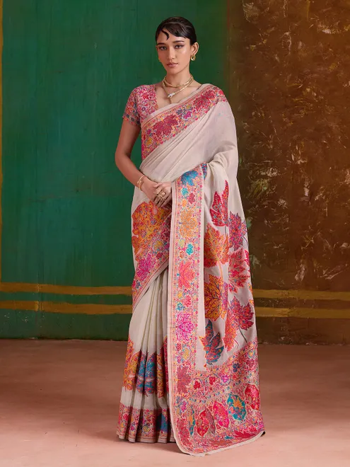 Cream modal cotton embroidered festive saree