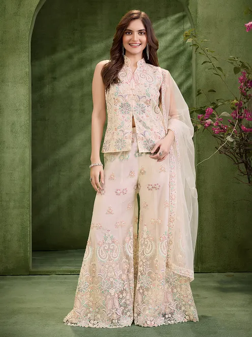 Cream net sleeveless palazzo suit with dupatta