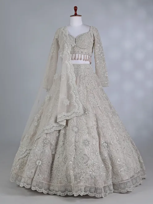 Cream net sweetheart neck lehenga choli with dupatta