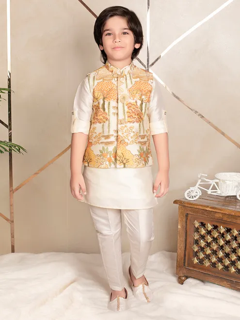 Cream new premium silk festive wear waistcoat set for boys