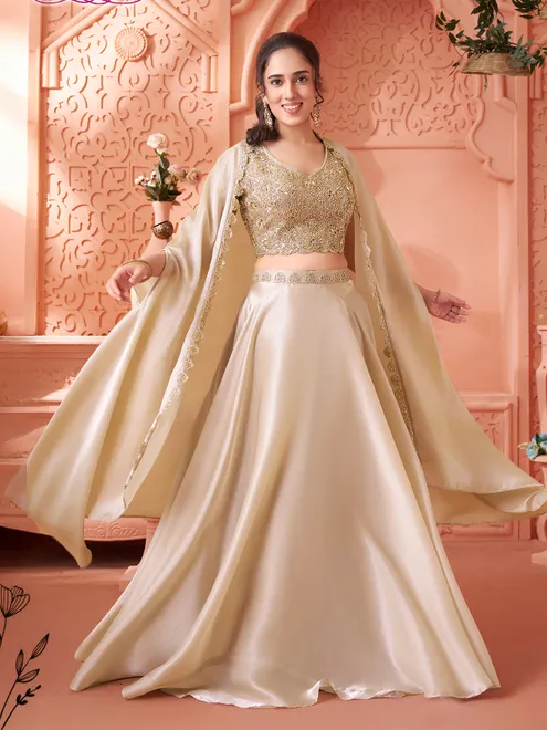 Cream organza tissue silk lehenga choli with shrug