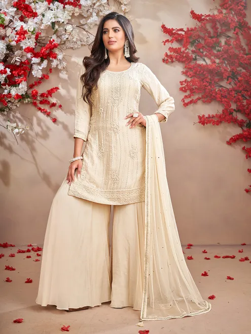 Cream pakistani chiffon palazzo suit