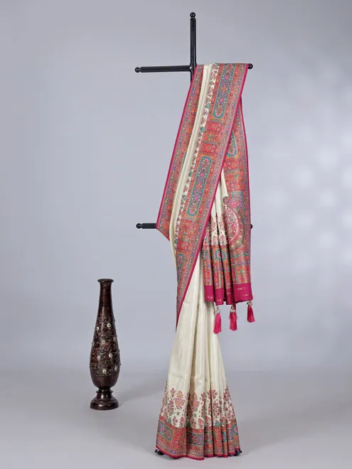 Cream pashmina silk saree with zari work