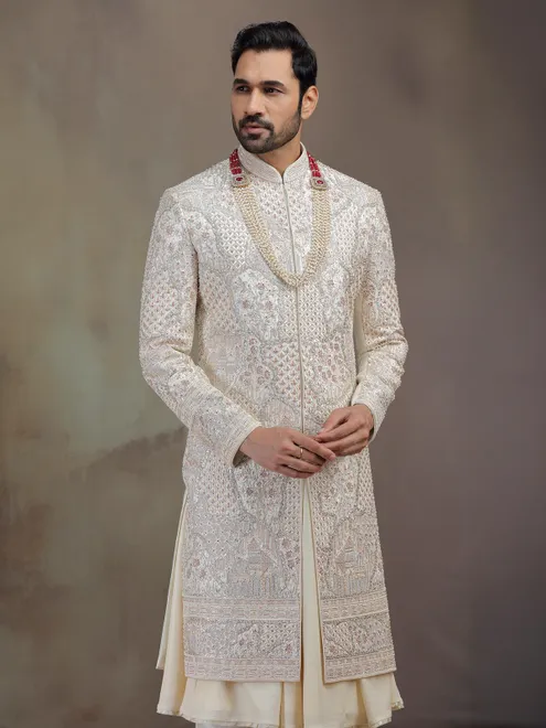 Cream peshwai silk sherwani for groom