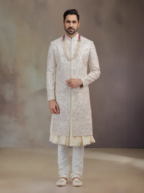 Cream peshwai silk sherwani for groom