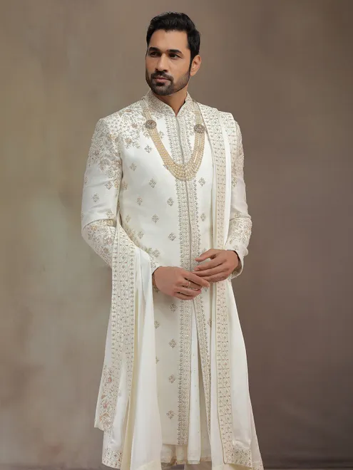 Cream peshwai silk sherwani with dupatta
